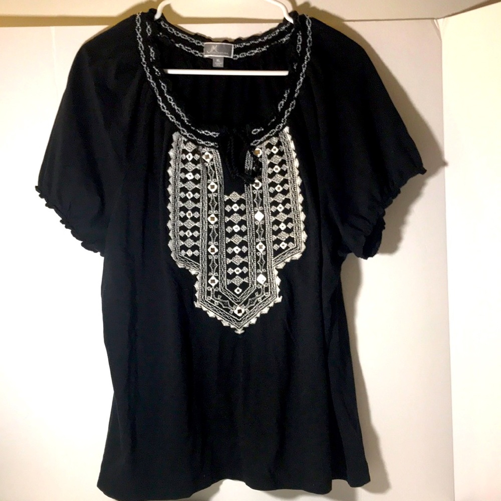 JM Collection short sleeve top size xl ruffle black white embroidery summer boho